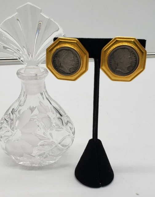 Vintage Ben Amun Napoleon "Coin" Earrings Clip Octagon Goldtone Beautiful Signed Vintage Ben Amun Napoleon "Coin" Earrings Clip Octagon Goldtone Beautiful Signed