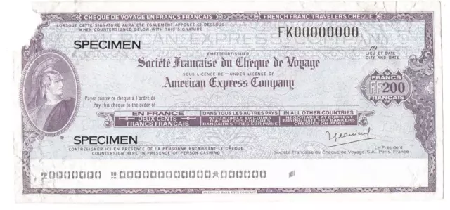 Vintage American Express Travelers Check Specimen 200 francs