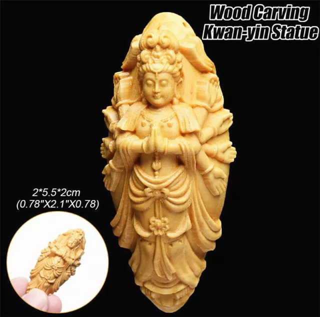 Boxwood Wood Carving Kwan-yin Buddha Statue Bodhisattva Sculpture Pendant Gift