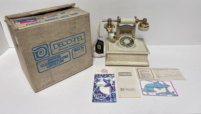 ¡RARO! Teléfono giratorio vintage DECO-TEL estilo victoriano francés marfil y dorado ¡con caja!