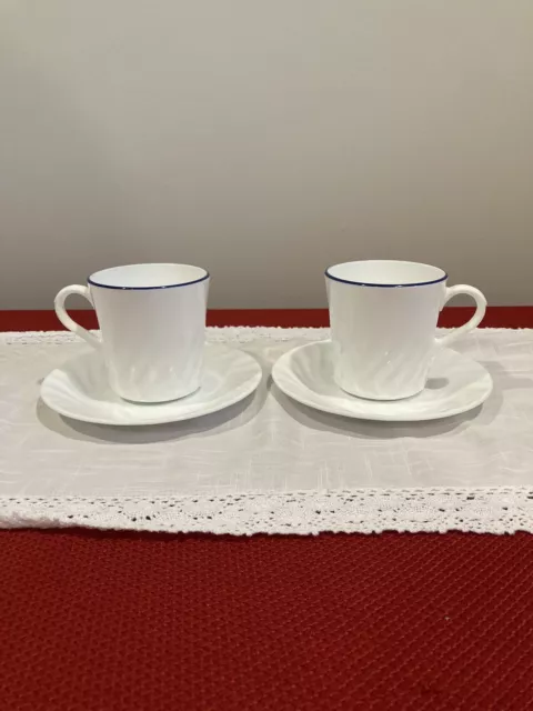 Corelle White Swirl Cobalt Blue Trim Coffee Mug and Saucer Set of 2 (4 Piece)