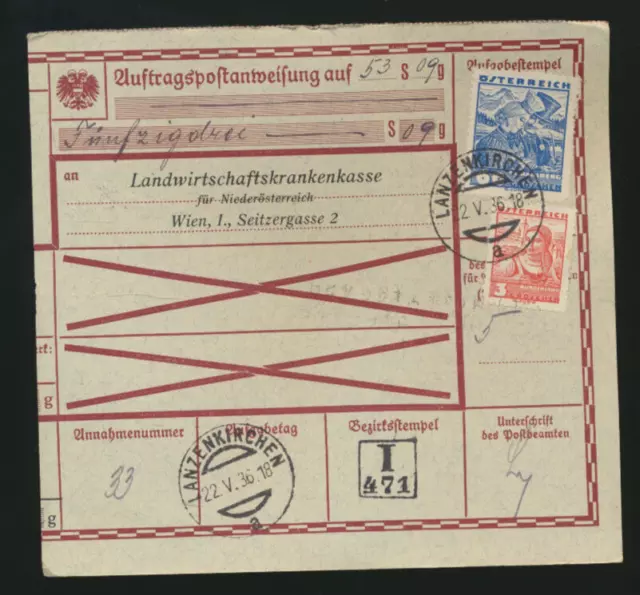 Auftragspostanweisung 1936 aus Lanzenkirchen nach Wien + Trachten