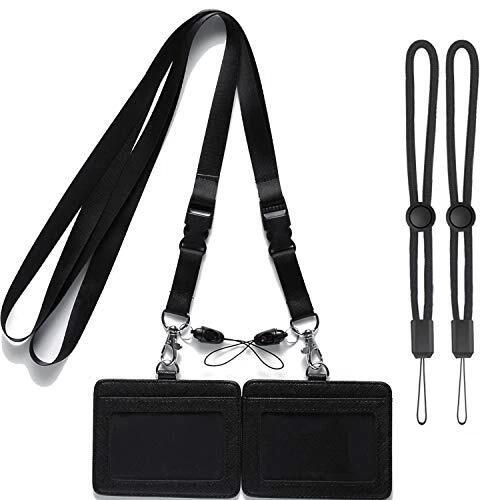 ID Badge Holder Leather with Neck Lanyards Black Detachable Buckle Breakaway