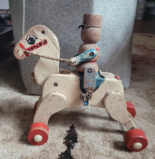 Vintage 60s Wooden Painted Pull Toy Riding Pony Horse Soldier