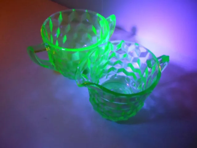Jeannette 3" Cube Cubist Uranium Green Depression Glass Creamer and Sugar Set