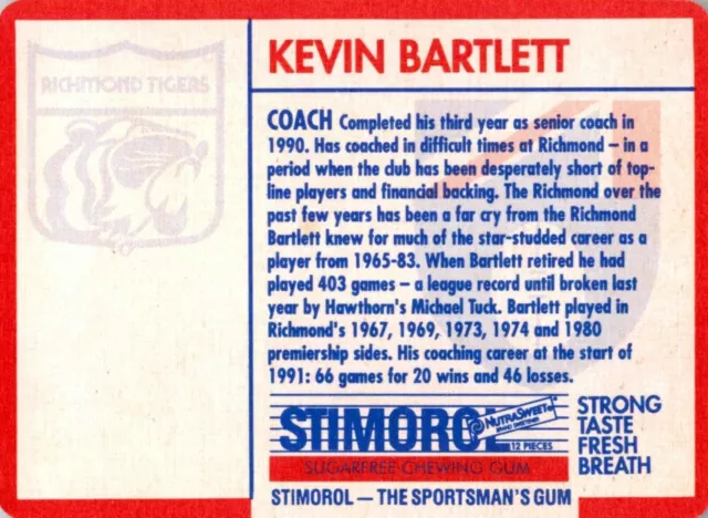 ✺Nouveau✺ 1991 RICHMOND TIGERS AFL Carte KEVIN BARTLETT Scanlens 2