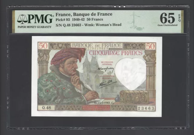 France 50 Francs 13-03-1941 P93 Uncirculated Graded 65