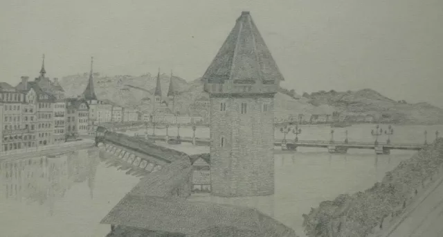 BLEISTIFT ZEICHNUNG Luzern Kapellbrücke vor 1910 ca. 24 x 19,5 cm Karl Ehlers
