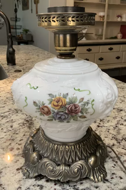 Vtg GWTW Hurricane Rose Hand Painted Floral Milk Glass 3 Way Table Lamp Base