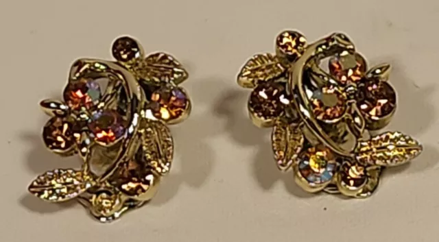 Vintage Lisner  Magnificent Amber & Aurora Borealis Rhinestone Clip Earrings