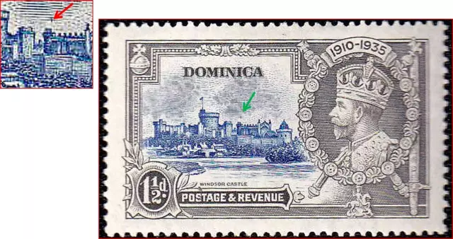 DOMINICA GV 1935 SILVER JUBILEE 1 1/2d SG 93 DOT TO LEFT OF CHAPEL UNLISTED MINT