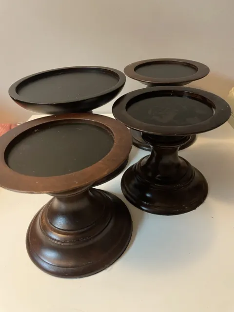 Pottery Barn Turned Wood Pillar Candle Holders Espresso Brown Farmhouse X 4