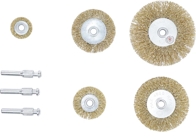 Jeu 5 brosse fil acier laiton ° 25 - 40 - 50 - 60 - 75 MM + 3 axe serrage °7mm p