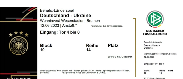 2 x TOP Ticket Deutschland - Ukraine in Bremen 12.06.23 DFB Spiel Kategorie 1