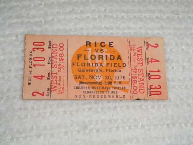 Florida Gators vs. Rice November 20, 1976 Gainesville Football Ticket Stub