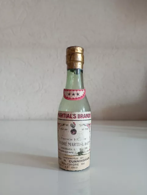 Very old mini bottle cognac/brandy Martial 3 stars Import Baltimore 90 proof