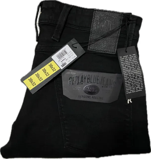 Men’s Replay ANBASS Slim Fit Easy Stretch Black Denim Jeans W30 L32 Zip Fly