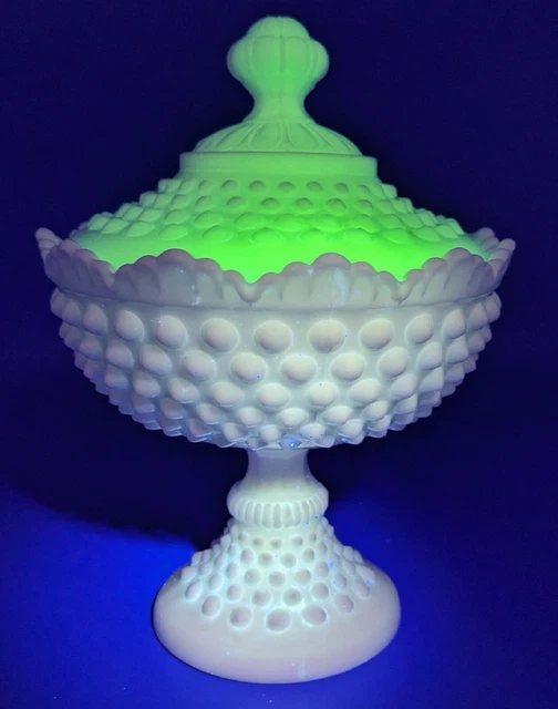 FENTON HOBNAIL URANIUM Milk Glass Pedestal Footed Compote Candy Dish