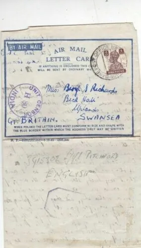 India 1943 Advanced Base P.O. No1 Letter Card to Swansea With Unit Censor Stamp