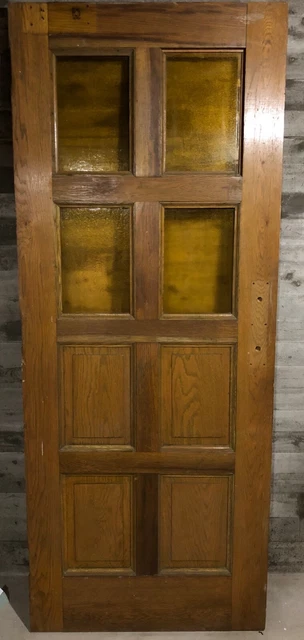 Antique Solid Oak Wood Exterior Door (Church/School House) /w Yellow Glass 34x84