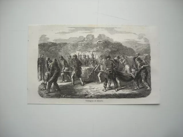 Gravure 1864. Guerre De Crimee. Transport De Blesses.