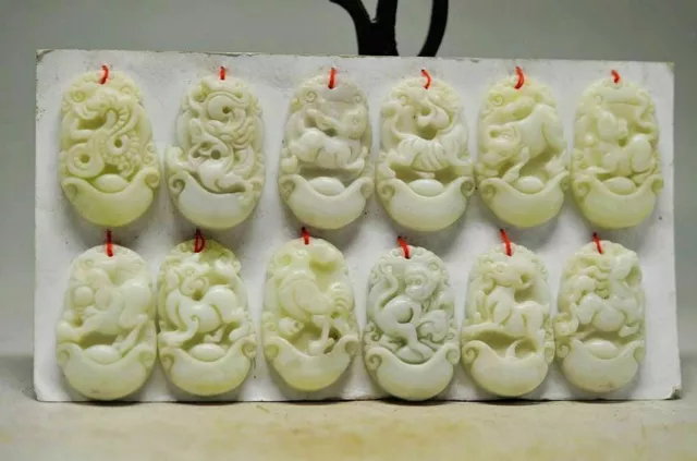 Chinese Hand Carved Natural Lantian Jade Set 12 Zodiac Pendant