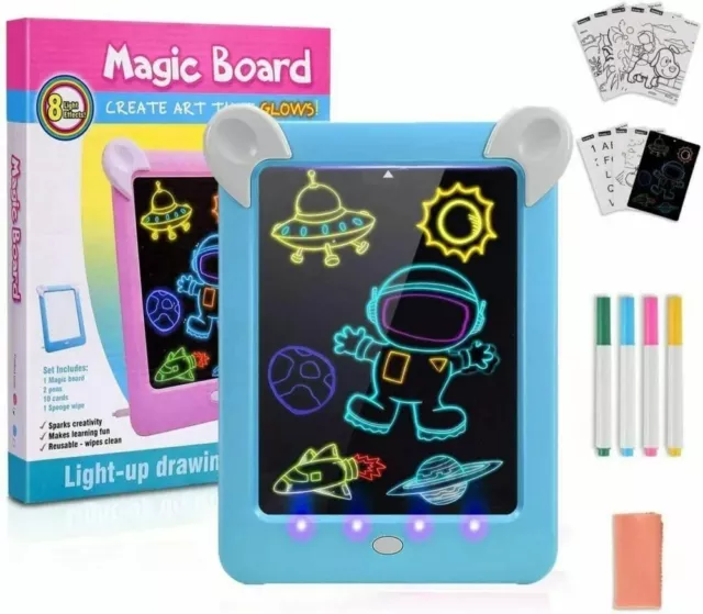 Kids Magic Drawing Board Pad 3D LED Light Up Doodle Glow + Paintbrush For Gift