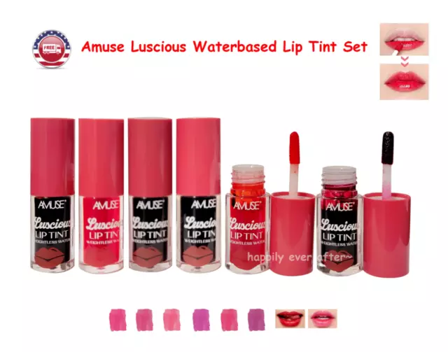 6 PC Amuse Lip Tint - Long Lasting Water Based Lip Tint, Vivid Colors Lip Tint