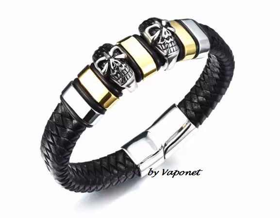 Mens Black Leather Skull Bracelet Silver Gold Stainless Steel Gothic Wristband