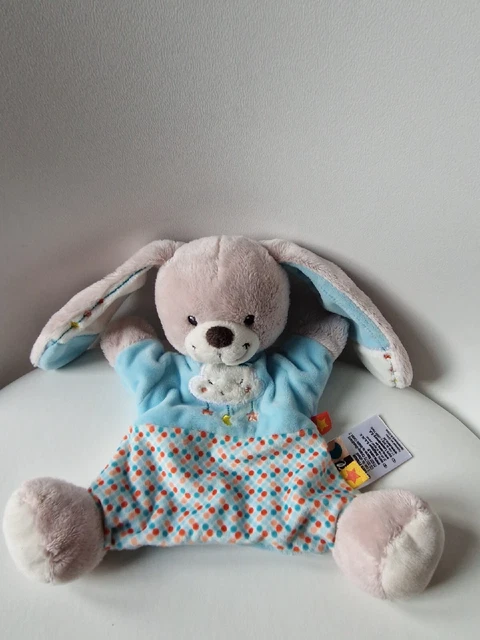 Doudou Marionnette  Influx Lapin Bleu Gris Nuage Etoile Pois Neuf