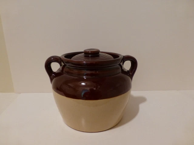 Vintage Brown Tan Glazed Pottery Stoneware Crock Bean Pot, Cookie Jar  (SZ3