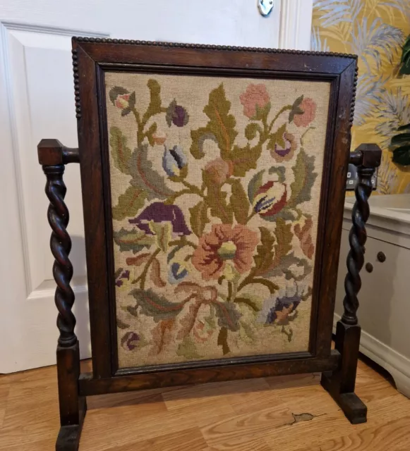 Vintage Embroidered Fire Screen Guard Tapestry Solid Oak Frame - Barley Twist 3