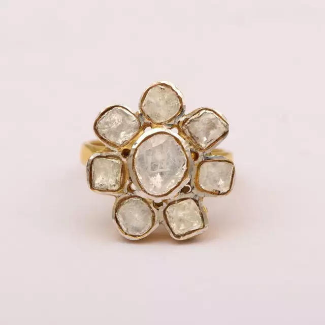 Solitaire Flower Polki Natural Diamond 925 Sterling Silver Victorian Ring Sale