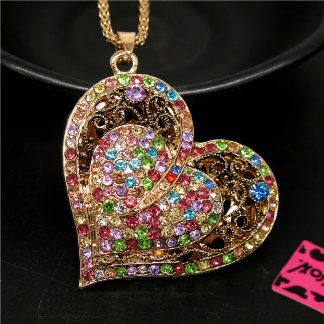 Betsey Johnson Rhinestone AB Mixed color Heart Crystal Pendant Chain Necklace