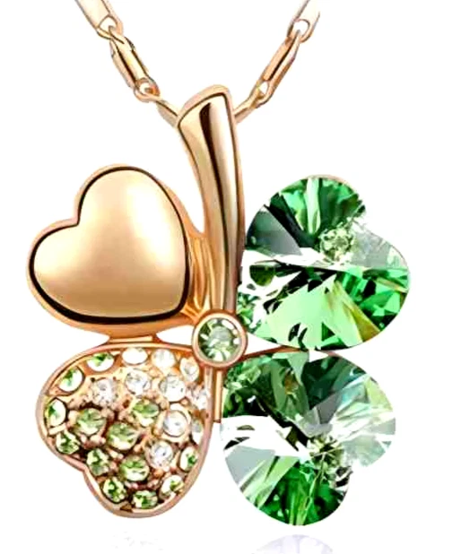 Collier Porte-Bonheur Trèfle Vert Émeraude - Pendentif Femme - Longueur 41-45 Cm - Cristal Et Alliage Doré - Neuf Avec Pochette Cadeau