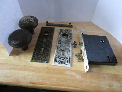 Antique Ornate Metal Door Knob Set With Back Plates and Lock Mortise
