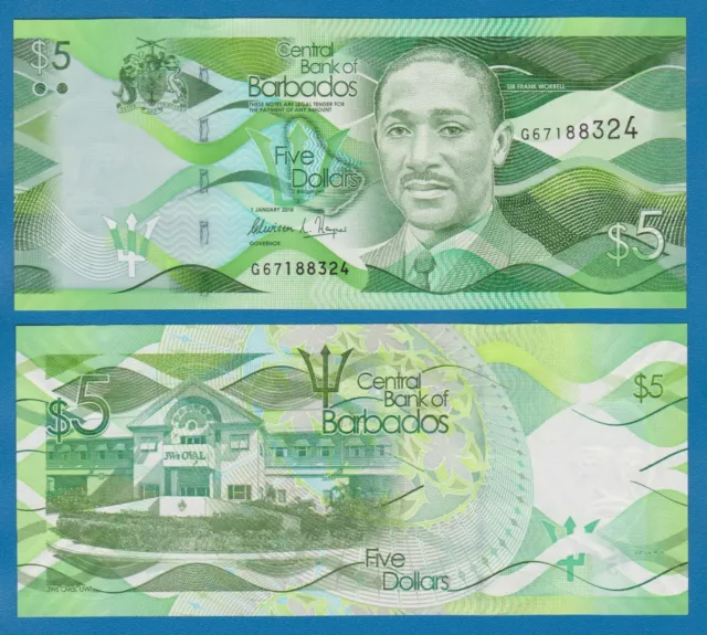 Barbados 5 Dollars P 74 New date 2018 & New Sign. UNC