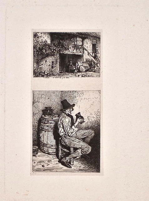 Gravure Originale Charles Emile Jacque – Estampe Pointe Sèche XIXe 1830 École De Barbizon