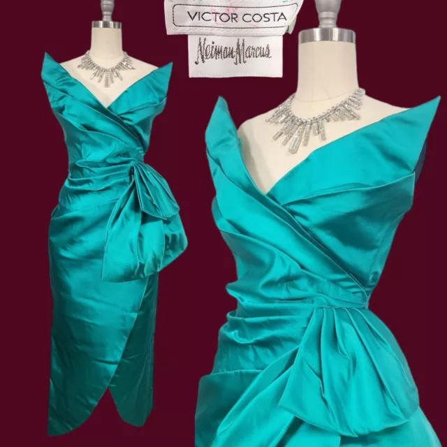 Vtg 80s 50s Prom Dress Small Victor Costa Strapless Corset Ruched Wing Teal Silk