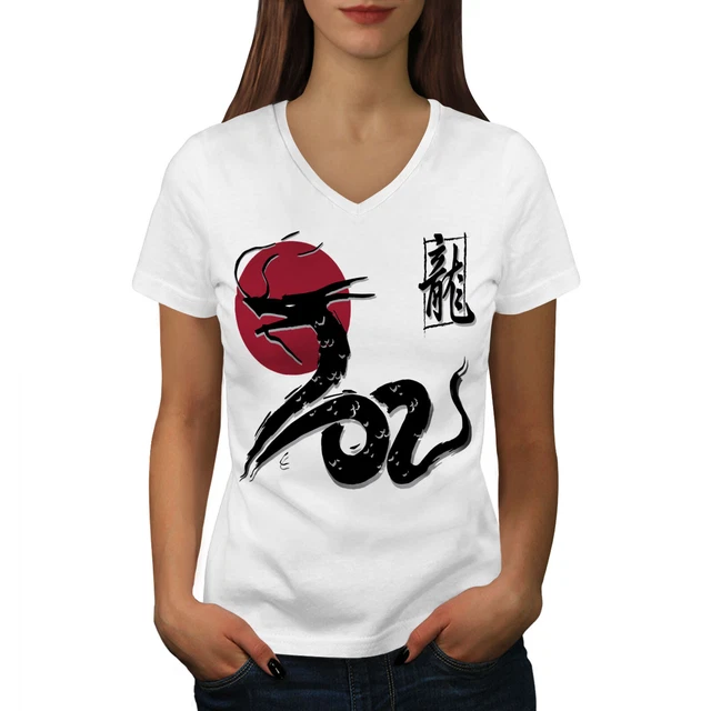 Maglietta Wellcoda Japan Dragon da donna scollo a V, grafica orientale