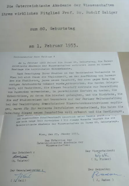 Österr. Akademie der Wissenschaften: Brief WIEN 1953 an Rudolf SALIGER; Signatur