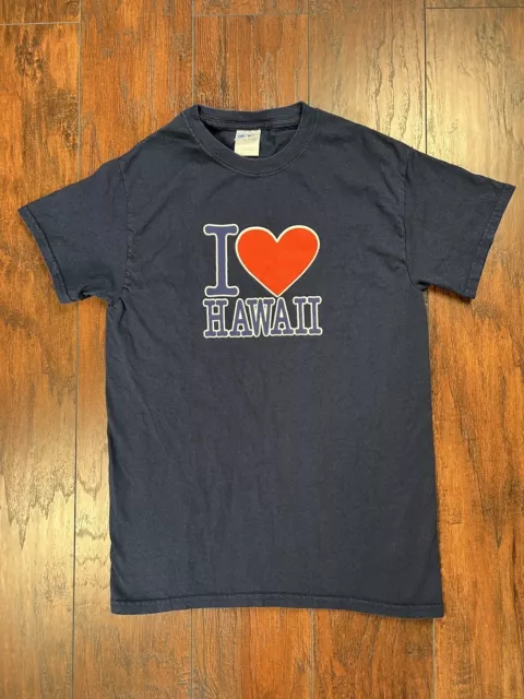 Women's Gildan Ultra Cotton Navy Blue Tee T-Shirt I Heart Hawaii Size S Small