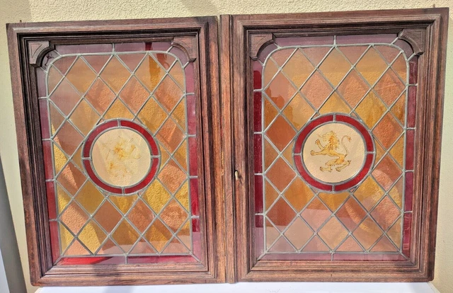 30" Pair French Antique Architectural Wood Walnut Panel Stained Glass Door Lion