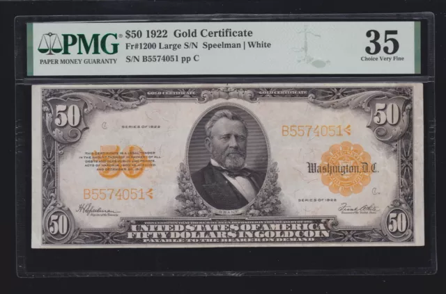 US 1922 $50 Gold Certificate FR 1200 PMG 35 Ch VF (051)
