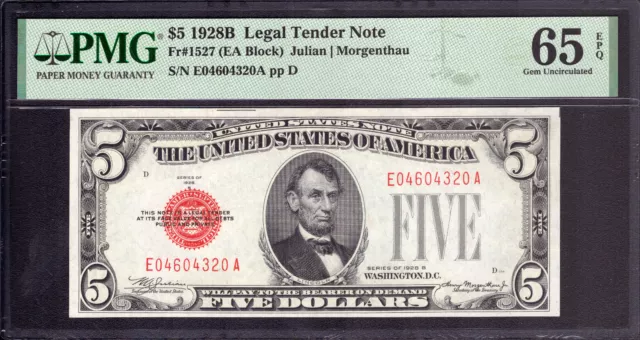 1928 B $5 Legal Tender Red Seal Note Ea Block Fr.1527 Pmg Gem Unc 65 Epq