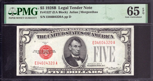 1928 B $5 Legal Tender Red Seal Note Ea Block Fr.1527 Pmg Gem Unc 65 Epq
