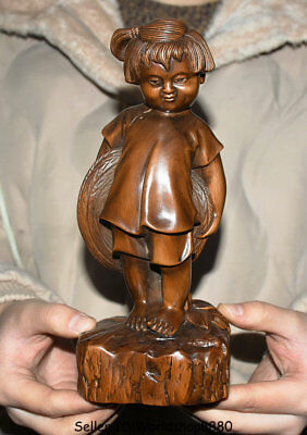 8" Antique Old China Boxwood Wood Hand Carved Moppet Girl Statue Sculpture