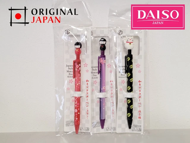 Set 3 penne DAISO Japanese Style Mascot Pen (Kokeshi + Maneki Neko) Tradizionali