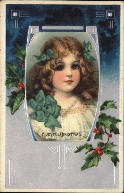 Christmas Beautiful Little Girl with Ribbons in Hair c1910 Vintage Postcard
