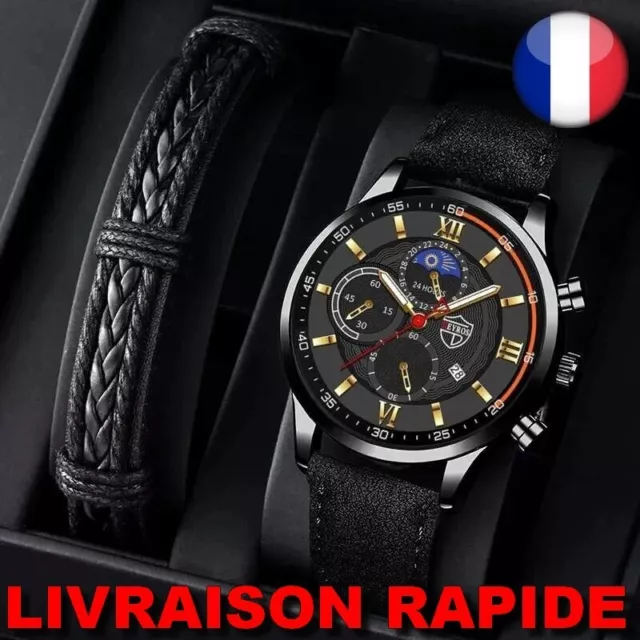 ✅ Montre DEYROS + Bracelet Cuir Noir Quartz Bijoux Homme Cadeau Accessoire Mode